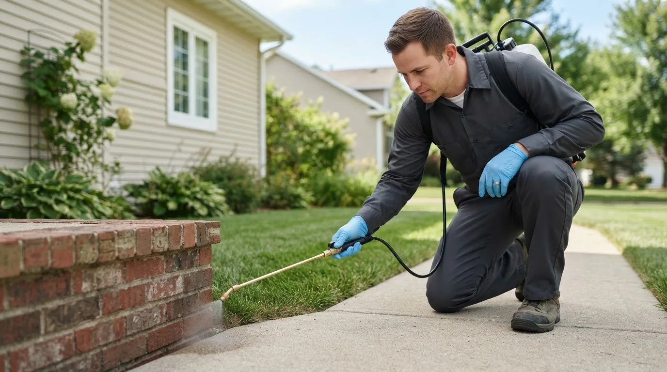 Pest control technician treating a home near Tippecanoe, OH